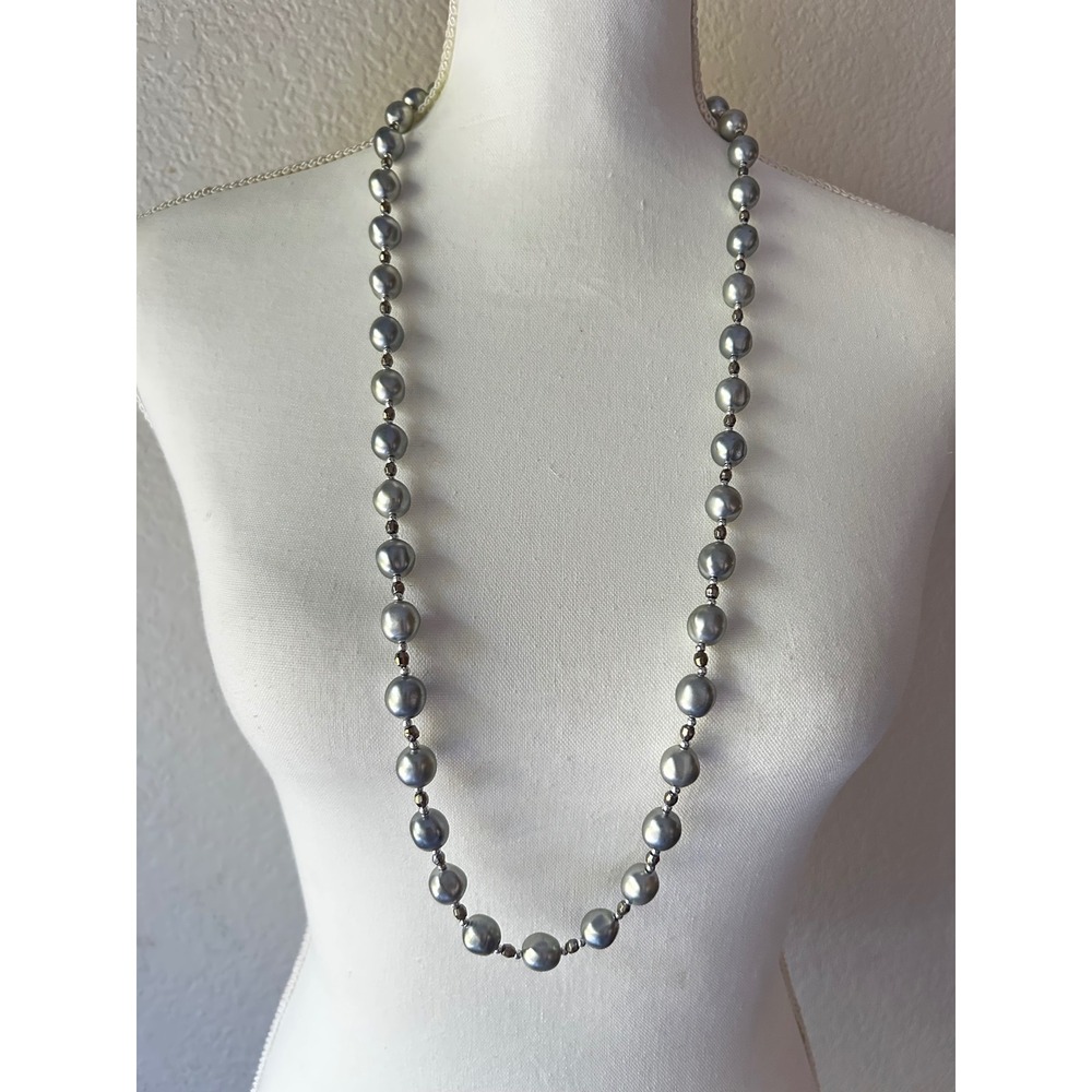 Grey Faux Pearl Beaded Necklace 36 Inch Opera Length Faceted Spacer Beads Silver